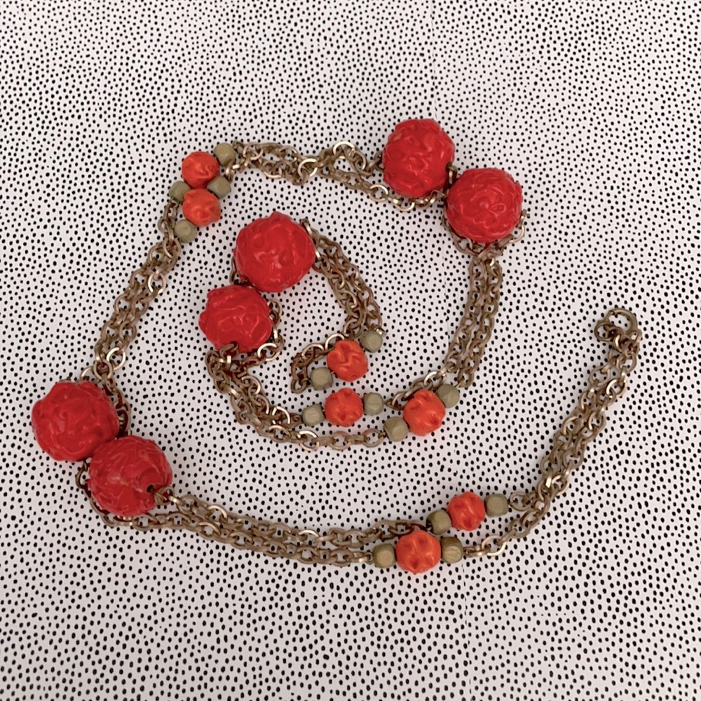 Vintage Orange bead with Gold Chain 24 “ long Necklace